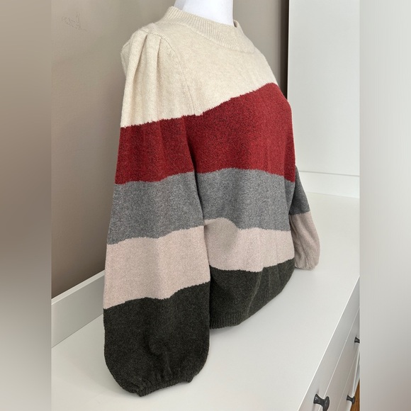 Striped Women’s Sweater with Bell Sleeves and Mock Turtleneck - Picture 4 of 7